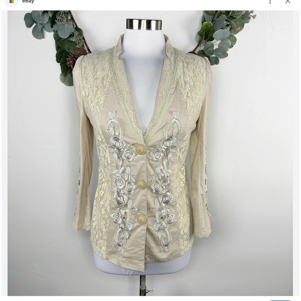 Pretty Angel Womens Linen Blend Blazer Beige Lace Coquette Indie Western Size L